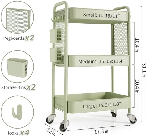 TOOLF 3 Tier Rolling Cart, Metal Utility Storage Cart with Pegboard, Green | 2 Bins & 4 Hooks, Screwless Assembly, Lockable Wheels, Trolley Organizer for Bathroom, Kitchen, Office, Dorm, Craft Room
