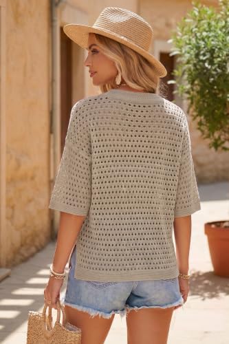 Arach&Cloz Women's Linen Blend Oversized Hollow Out Summer Crochet Tops