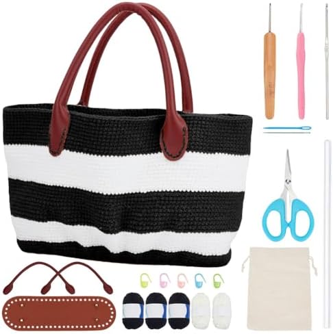 ORIGACH DIY Crochet Handbag Kit for Beginners, Black Striped Tote Bag with PU Leather Band and Base, Complete Crochet Set to Make a Bag, Include Yarn, Hooks, Markers and Instruction