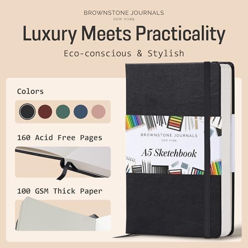 BROWNSTONE JOURNALS A5 Sketch Book Hardcover - 80 Sheets 100 GSM Paper | 5" x 8", Lay Flat, Vegan Leather Cover, Elastic Band, Back Pocket, Compact Art Drawing Book for Adults & Students