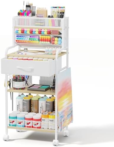 Homsorout Art cart, 3 Tier Rolling Cart - Utility Cart with Storage Drawer and Wheels, Versatile Art & Craft Organizer for Home, Office, or Studio Ideal for Storing Brushes, Paints （ White）