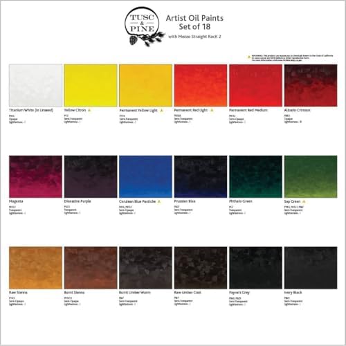 Tusc & Pine Artist Oil Paint - 40 ml Set of 18 - Assorted Colors w/Mezzo Paint Rack - Non-Yellowing, Rich & Creamy Consistency, Maximum Pigment Load, Small Batch Milled - Made in the USA