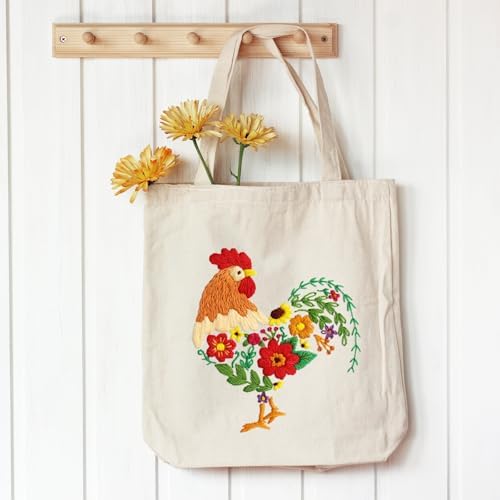 Louise Maelys Embroidery Kit Canvas Tote Bag for Beginners, Floral Rooster