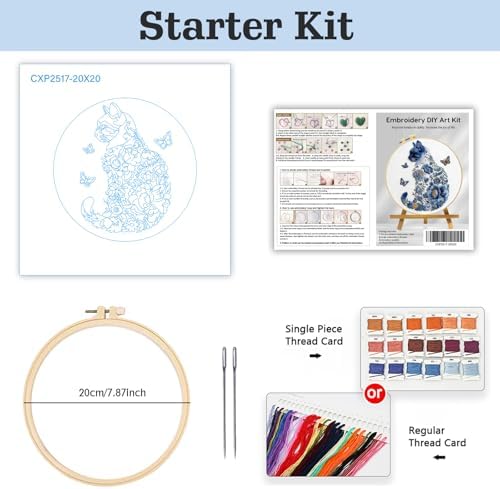 JOZYSH Blue Flower Cat and Butterfly Stamped Pattern Embroidery Kit for Beginners Adults Includes Cloth,Hoop,Color Threads,Needles and Instruction,Lover Hand Stitch with Embroidery Skill Techniques