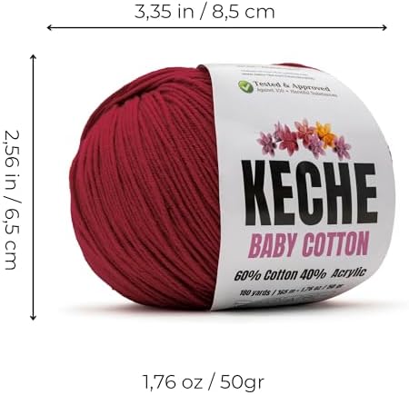 Keche Baby Cotton, 60% Cotton 40% Acrylic Yarn, Soft Cotton Yarn for Crochet and Knitting, Amigurumi Yarn 1 Skein/Ball 1.76 Oz (50g) / 180 Yrds (165m) - Crimson Red