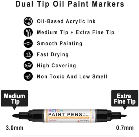 Betem 4 Oil Based Black White Paint Pens, Permanent Fabric Paint Markers