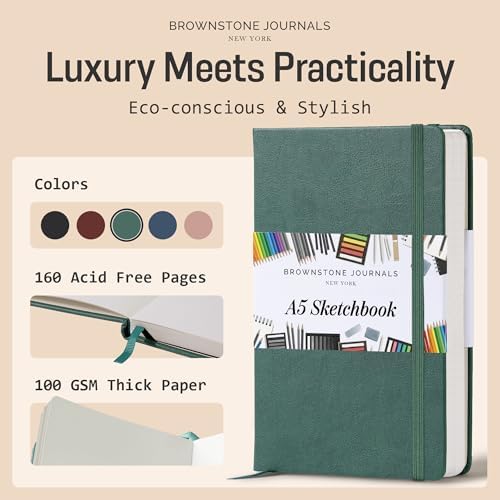 BROWNSTONE JOURNALS A5 Sketch Book Hardcover - 80 Sheets 100 GSM Paper | 5" x 8", Lay Flat, Vegan Leather Cover, Elastic Band, Back Pocket, Compact Art Drawing Book for Adults & Students