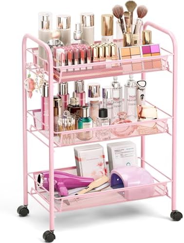 TOOLF 3 Tier Rolling Cart, Metal Utility Storage Cart with Wheels, Pink | 3 Hooks, Screwless Assembly, Trolley Organizer for Bathroom, Kitchen, Office, Nursery, Dorm, Laundry Room