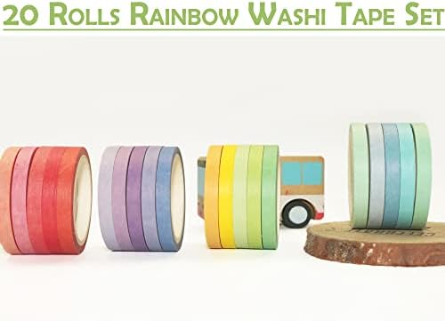 20 Rolls Washi Tape Set, Rainbow Washi Tape Colorful Masking Tape 7.5mm Wide, Thin Decorative Tape for Bullet Journal, Book, Planner, Scrapbooking, DIY Arts Crafts