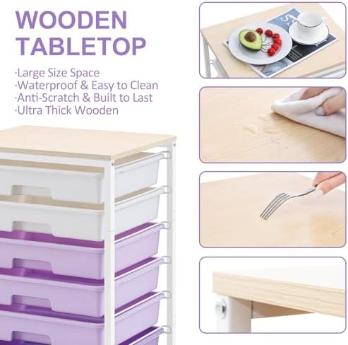 SYKIARIOL Rolling Cart with Drawers,8 Drawers Storage Cart,Purple | Craft Organizers and Storage with Wooden Tabletop for Living Room,Classroom,Bedroom,Bathroom,Dorm,Office