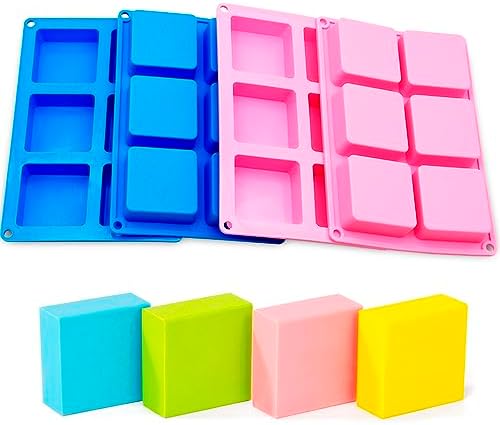 Bangp 4 Pack Square Soap Molds,6-Cavity Non-Stick Silicone Cake Molds,Square Ice Cube Trays,Square Silicone Molds for Chocolate,Cupcake, Cornbread, Muffin,Soap