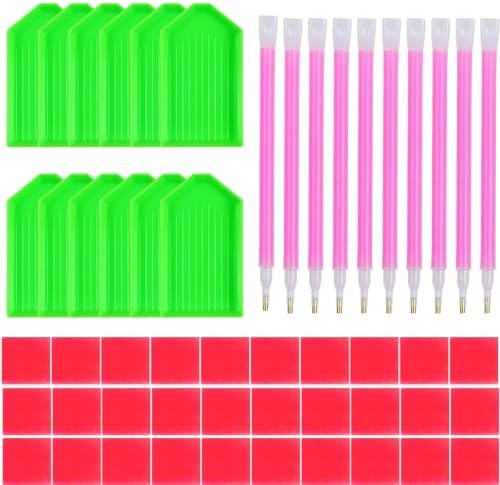 52PCS Diamond Art Painting Tools and Accessories Kits, with 12 Plastic Trays, 30pcs Glue Clay, 10 Pens, DIY Accessories(Green)