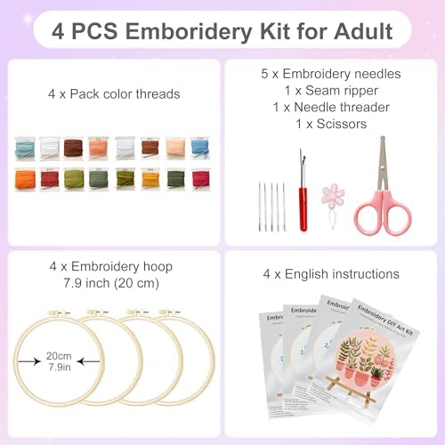 Huacan Embroidery Kit for Adults Beginners with 4 Hoops & Gift Box
