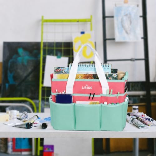 JJRING Craft Organizer Tote Bag Large Art Storage Caddy Green and Orange | With Multiple Pockets For Sewing, Scrapbooking, School, Medical, And Office Supplies