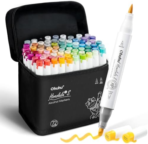 Ohuhu Alcohol Markers 72 Colors Brush& Soft Chisel for Adult Cozy Coloring | Dual Tips Drawing Markers for Artists Beginners Illustration Sketching, AP Certified Refillable Alcohol-based, Honolulu 2S