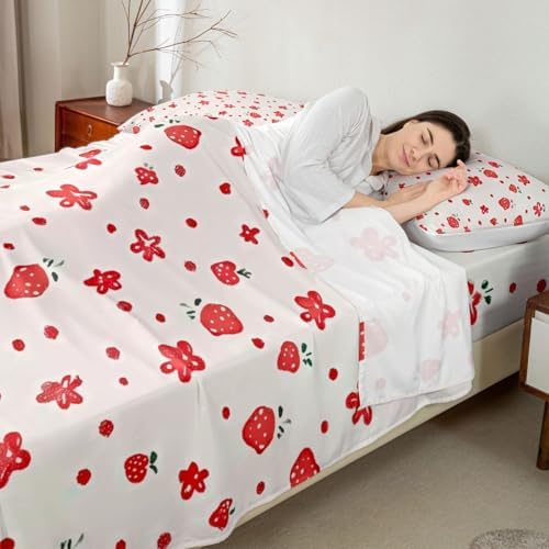 Strawberry Flower Bed Sheet Set Full Size Red Fruit Floral Theme Mattress Cover Sweet Style Lovely Sheets for Boys Girls Bedroom White Red with Flat,Fitted Sheet Pillowcase 4Pcs