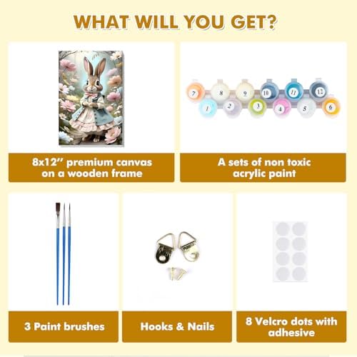 Bowetile Framed Paint by Numbers Easter Kit for Adults, Adults' Paint-by-Number Bunny Kits on Canvas, Painting by Numbers Rabbit, DIY Acrylic Number Painting for Home Wall Decor, 8x12in