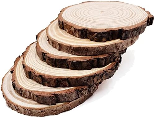 Natural Round Discs Rustic Wood Slices 6 Pcs 6.3-6.7 inch Unfinished Wood kit Circles Crafts Tree Slices with Bark Log Discs for DIY Arts and Wedding Christmas Ornaments