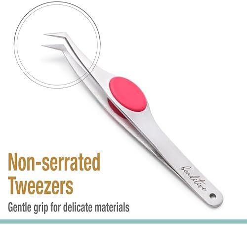 Beaditive High Precision Angled Tip Tweezers with Cushion Grip - 4.7" Craft Tweezers for Sewing, Beading & DIY Crafts - Non-Serrated Jewelry Tweezers with Fine Angled Tips - Stainless Steel (Fuchsia)