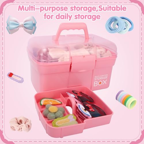 TERGOO 11in Mutipurpose Storage Box Organizer with Removable Tray, Portable Small Craft Organizer with Handle, Plastic Clear Tool Box Art Case for Makeup, Sewing, Nail, Hair Accessories (Pink)