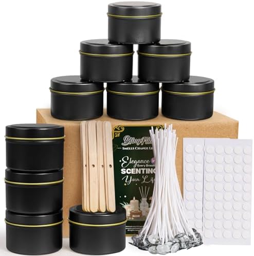 Blingfun 10 Packs 4 oz Candle Tins kit, Candle Making Tins, Candle Jars, 100pcs Candle Wicks, 100pcs Wick Stickers, Candle Containers for Making Candles(Black)