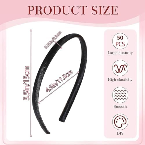 50Pcs Black Thin Satin Non Slip Headbands Fabric Hair Bands Women
