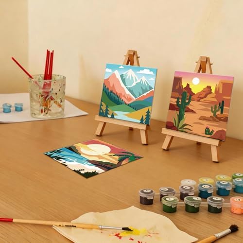 Anseal 12 Packs Pre Drawn Canvas to Paint, 4" X 4" Landscape Pre-Printed Canvas Paint Party for Adult, Stretched Outline Painting Boards for Beginners, Party Favor