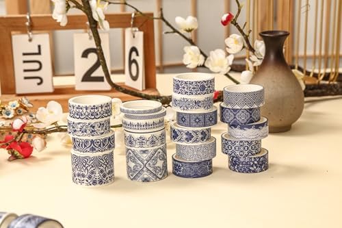 Blue & White Porcelain Washi Tape Set, Traditional Chinese Ceramic Pattern Decorative Masking Tapes, Oriental Art for Craft, Scrapbook, DIY, Gift Wrapping (1-Porcelain Grace/20 Rolls)