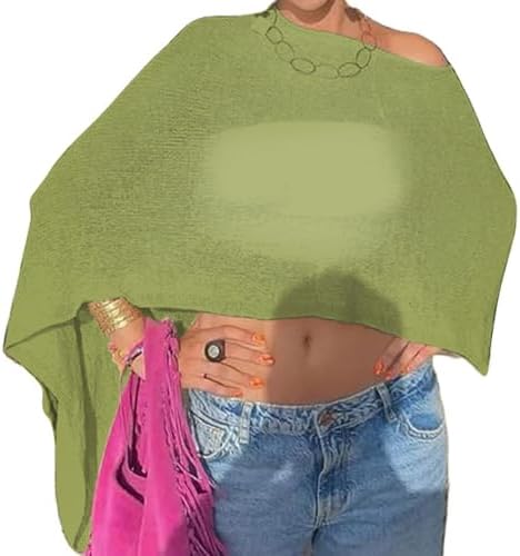 Nicoxijia Women Y2K Sheer Knit Poncho Top Lightweight Summer Beach Knit Shrug Shawl Bolero Off Shoulder Mesh Sweater Cover Up