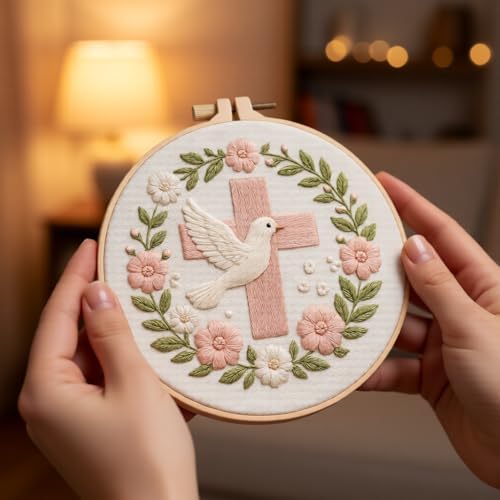 JJFox Embroidery Kit for Beginners and Adults, DIY Hand Embroidery Starter Kit with Cute Pattern, Cross Stitch Needlepoint Set with Hoop, Threads and Instructions (Cross)