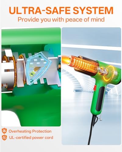 Heat Gun, 1600W Hot Air Gun with 2 Heat Settings, Green | 752°F/1112°F Dual Heat Control, 4 Metal Nozzles, Overheat Protection, PA66 Housing, 1.1lb Lightweight Design, Non-Slip Grip