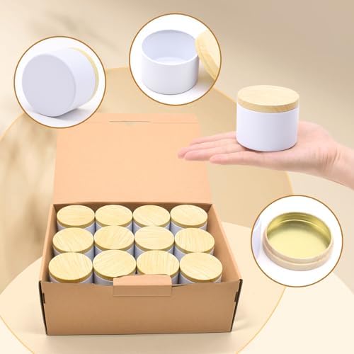 24-Pack 4oz Candle Tins with Wood-Grain Printing Lids, Metal Candle Jars for Candle Making, Empty Containers Vessels Bulk for Small Business & Beginners DIY Storage -Wood White
