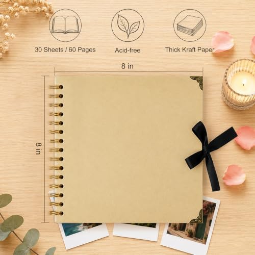 Scrapbook Photo Album 8"x8" 30 Sheets 60 Pages Kraft Paper Ribbon Closure