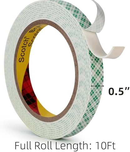 3M Double Sided Foam Tape 0.5" x 10Ft, 1 Pack, White