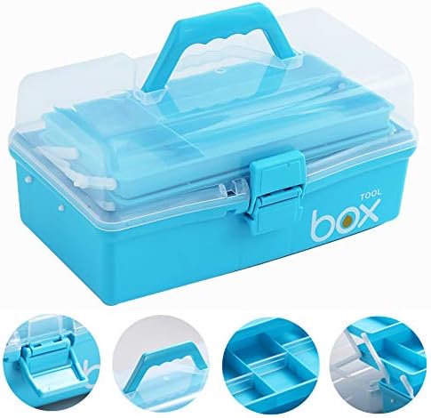 Kinsorcai 2PCS 12'' Three-Layer Clear Art Box Organizer, Multipurpose Plastic Craft Box with Handle (Blue)