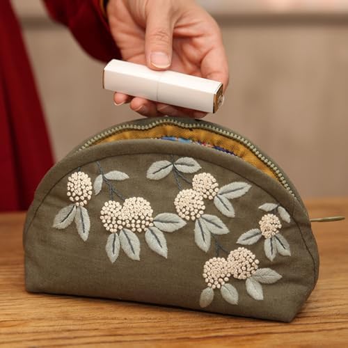 FONNUY Embroidery Kit Makeup Bag for Beginners, Flowers Pre-Stamped Pattern Handbag Coin Purses Making Kits for Adults with Hoop, Easy to Follow Color Thread Needlework (Grey)