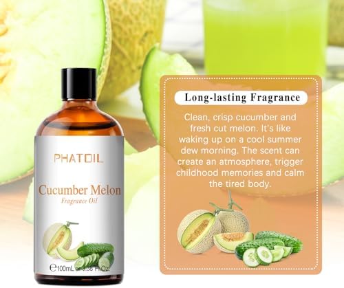 PHATOIL Cucumber Melon Fragrance Oil for Diffuser Aromatherapy 3.38FL.OZ | Long Lasting Scented Oils For Humidifier, Air Freshener, DIY Soap Candle, Scent Project Making, Aroma Oil for Home Freshening