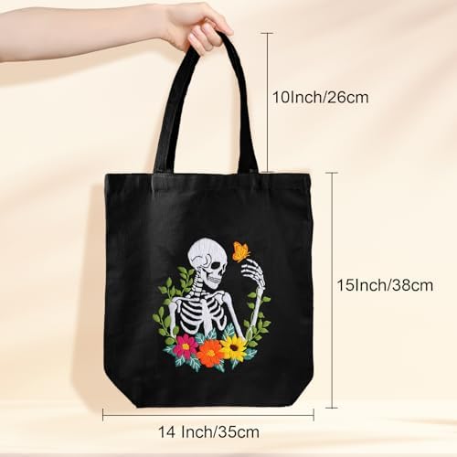 Louise Maelys Halloween Embroidery Kit Canvas Tote Bag, Skull Floral