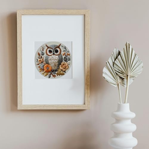 FONNUY Embroidery Kit for Beginners, Owl Flowers Pre-Stamped Pattern Kits for Adults with Hoop, Easy to Follow Color Thread Needlework, 8'' Hoop (Blue)