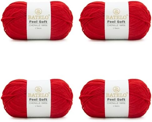Thin Chenille Yarn for Crocheting & Knitting, Soft Plush Yarn for DIY Crafts, Amigurumi, Home Decor - 3 Light - 4 Pack of 1.7oz/142yds - Red