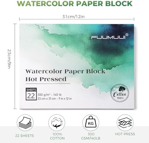 Fuumuui Watercolor Paper Block 9x12 Inch, Smooth Surface 100% Cotton Watercolor Paper, 22 Sheets, 140lb/300gsm, Hot Press, Acid-Free, Art Paper for Painting & Drawing, Wet, Mixed Media