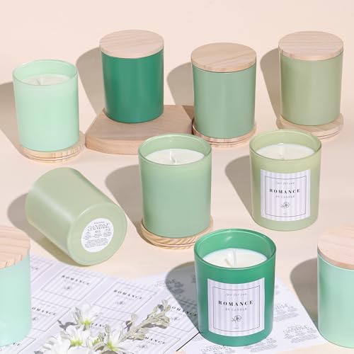 12Pcs Assorted Green Candle Jars for Making Candles, 10oz Empty Jars with Bamboo Lids and Labels, Glass Candle Jars for Candle Making Supplies, Candle Containers for DIY Gifts