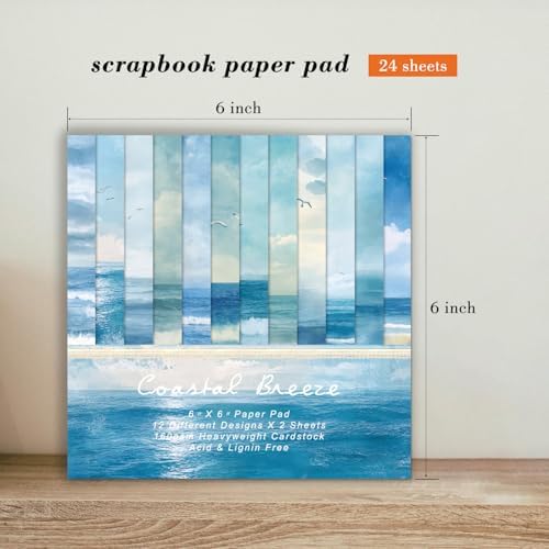 Blue Sea Scrapbooking Paper Pad - 24 Sheets 6-inch Aesthetic Patterned Decorative Collage Decoupage for Wrapping Folded Cardstock Supplies Gift Cardstock DIY Crafts Scrapbook Photo Album