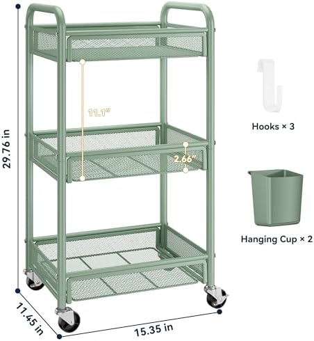 YASONIC 3 Tier Metal Rolling Cart, Green Utility Storage Cart with Wheels | Metal Mesh Craft Cart With Hooks & Hanging Cups, Ideal For Kitchen, Bathroom, Office, Dorm, Art Workspace, Bedside Storage