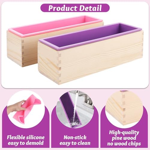 5 PCS DIY Soap Making Kit, Silicone Soap Molds Soap Making Supplies for Adults, Bamboo Cutting Box and 2 PCS 44oz Purple Pink Silicone Mold, Stainless Steel Straight Cutter and Wavy Cutter