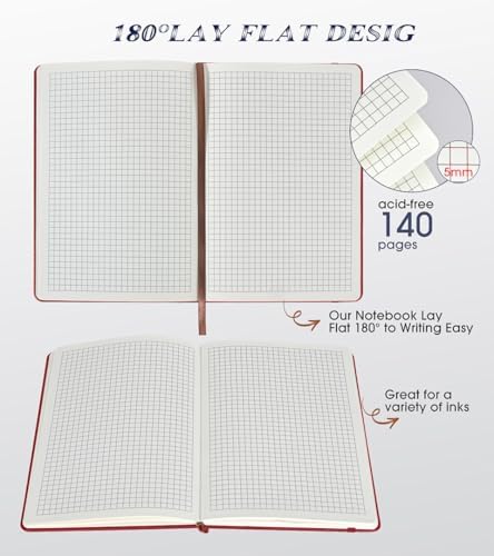 Biuwory A5 Hardcover Graph Paper Notebook, Grid Leather Journal for Writing | 140 Quad Ruled Grid Pages Vintage Diary, 5.7"×8.3" Travel Notebook for Work, School, Women & Men