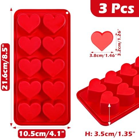 Webake Heart Ice Cube Molds, 10-Cavity Heart Shaped Silicone Molds for Chocolate, Ice Cubes, Candy, Soap, Pink Red Ice Cube Trays for Cocktails, Whiskey, Drinkings (Pack of 3)