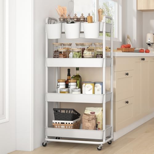 JIUYOTREE 4-Tier Plastic Rolling Storage Cart Utility Cart White