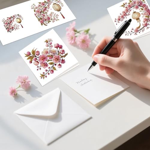 6pcs 5D DIY Diamond Painting Kit Greeting Card, Small Bird Peach Blossom Diamond Handmade Greeting Card with Envelope, Holiday Gift Congratulations