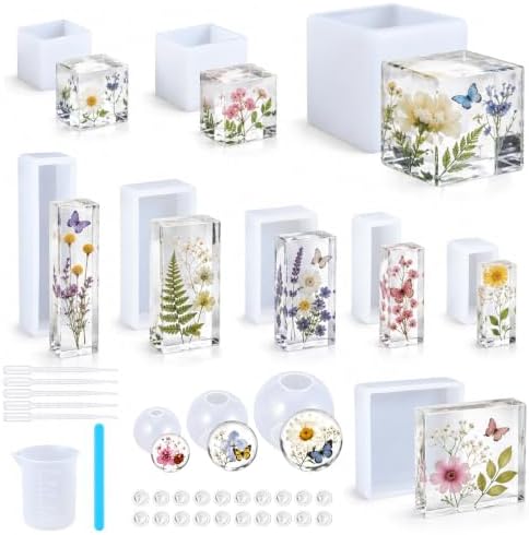 12 Pcs Resin Molds Set, Multiple Sizes Cube Sphere Silicone Mold with Tools Cube Casting poxy Molds for Insect, Plant, Flowers, Soap, DIY Art Craft